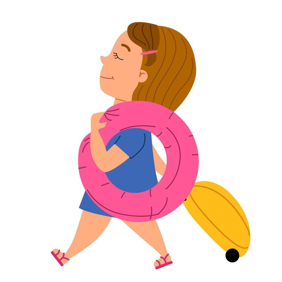 Ein süßes Mädchen kommt mit einem Koffer und einem rosa Schwimmkreis. vektor