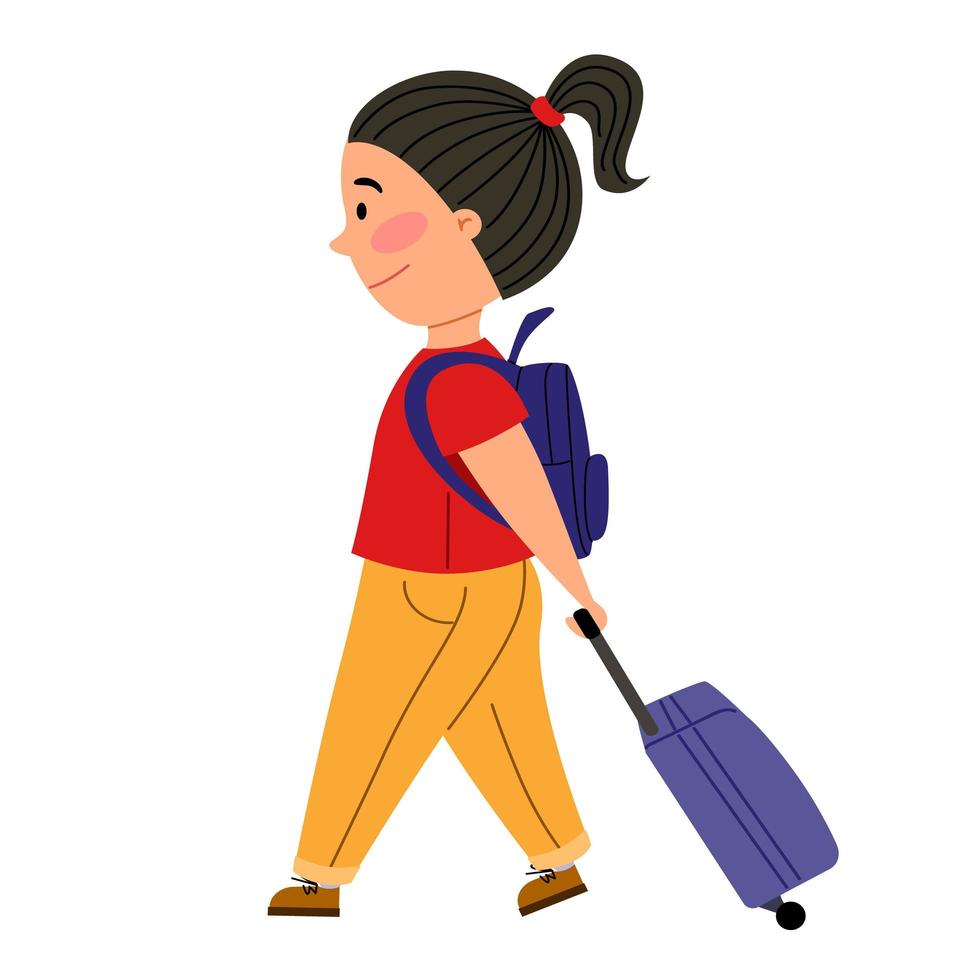 en söt tjej åker på sitt flyg med en resväska och en liten ryggsäck på ryggen. vektor