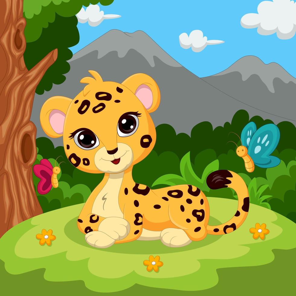tecknad söt baby leopard sitter i gräset vektor