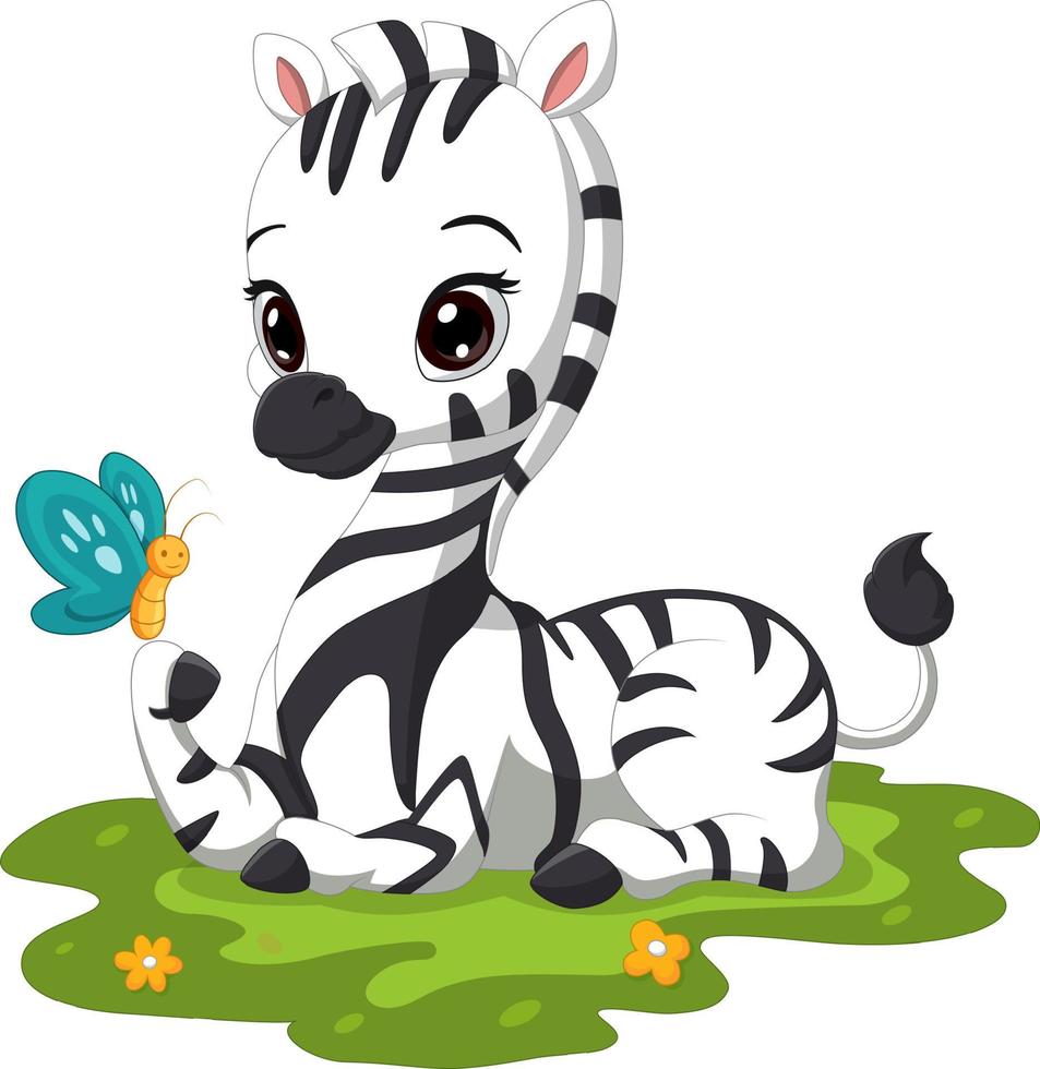 söt baby zebra tecknad sitter i gräset vektor