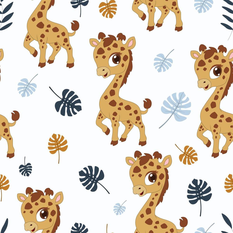 söt giraff seamless mönster med löv vektor
