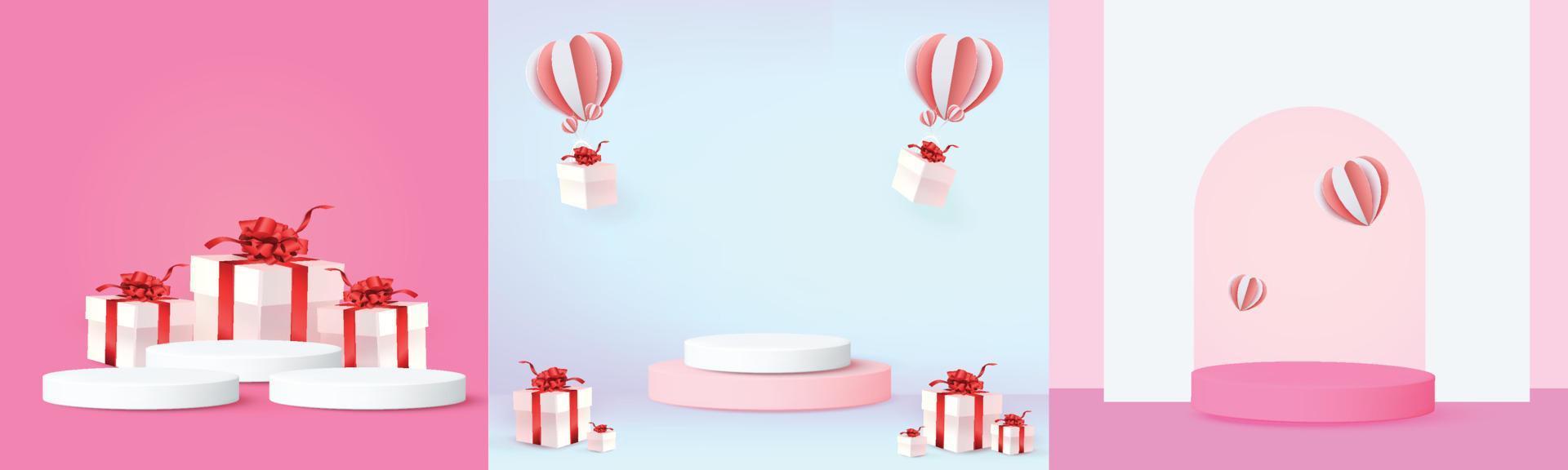 3d podium röd produktbakgrund för valentine. Rosa och hjärta kärlek romantik koncept design vektor illustation dekoration banner