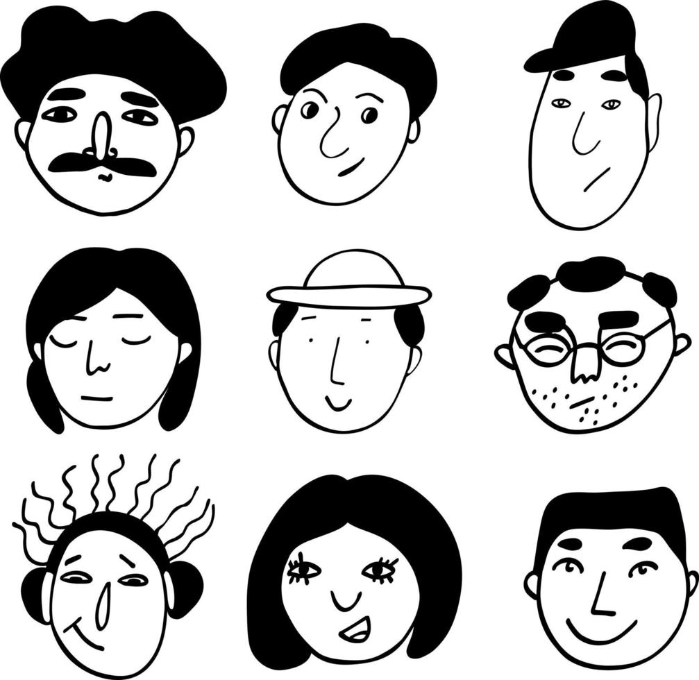 en uppsättning enkla ansikten i doodle-stil. vektor illustration av olika karaktärer, män och kvinnor.