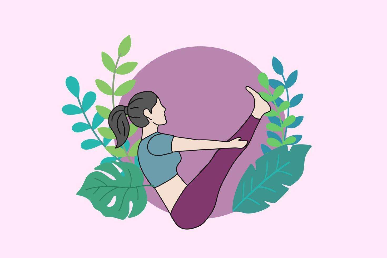 kvinna som mediterar i fridfull naturillustration, yoga och hälsosam livsstilskoncept, platt tecknad design vektor