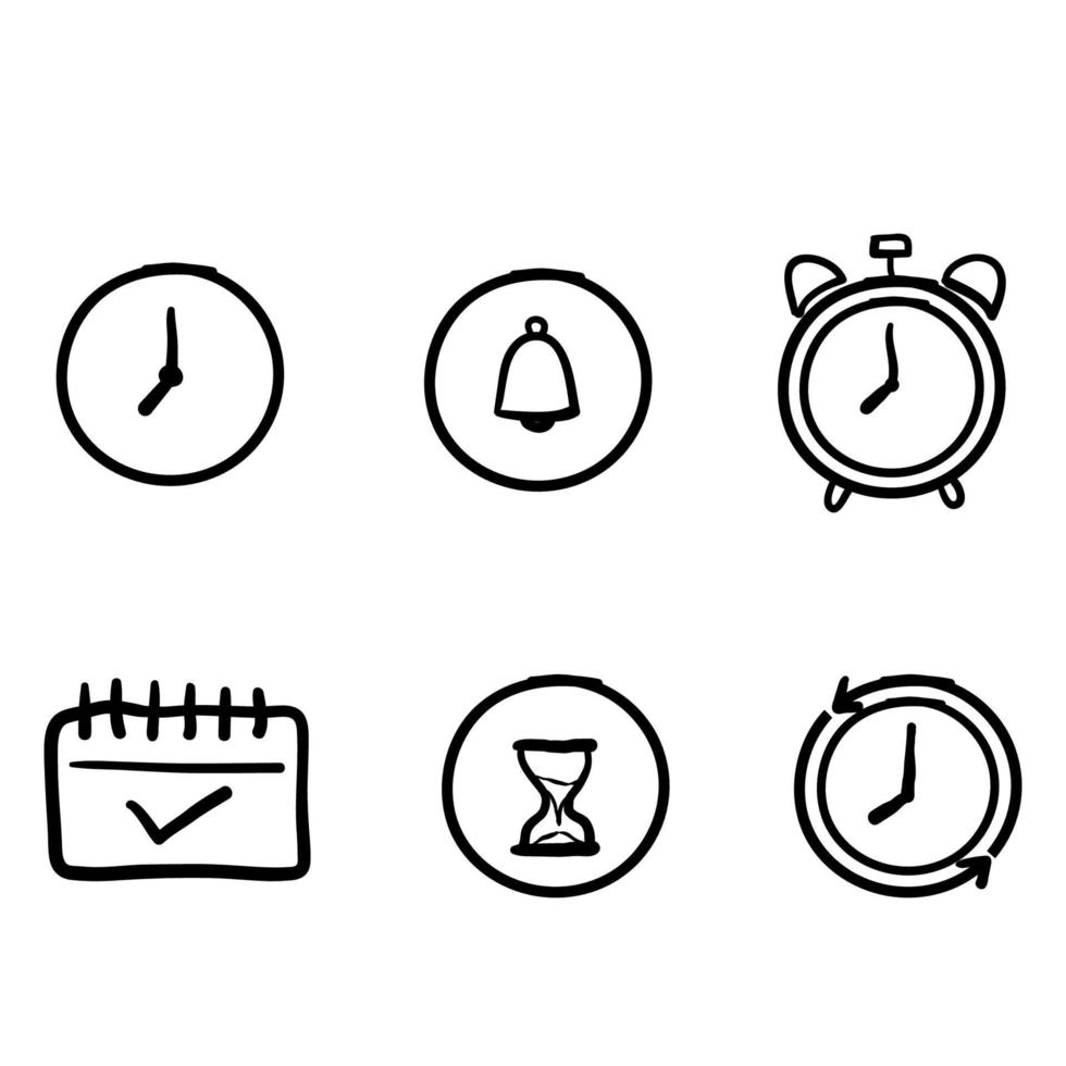 hand gezeichneter kalender und uhrbezogener liniensymbolsatz. Zeit und Datum lineare Symbole. Countdown und Timer vektor