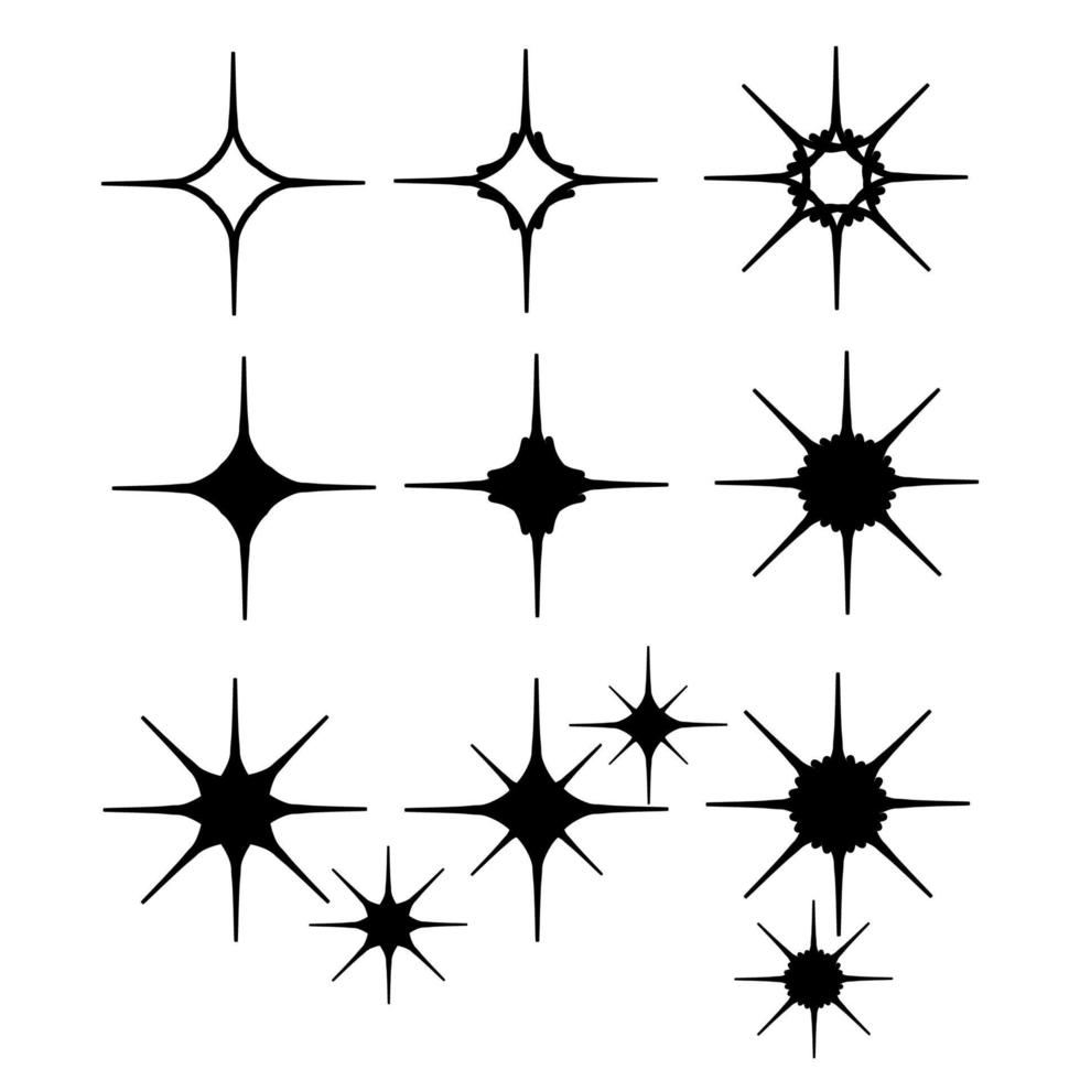 handgezeichnete Sternsymbole. funkelnde Sterne. funkelt, leuchtender Ausbruch. weihnachtsvektorsymbole isoliert. Gekritzel vektor