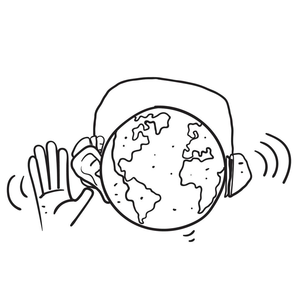 handritad doodle earth globe planet med headset illustration vektor isolerade