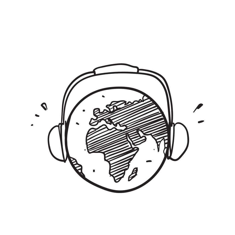 handritad doodle earth globe planet med headset illustration vektor isolerade