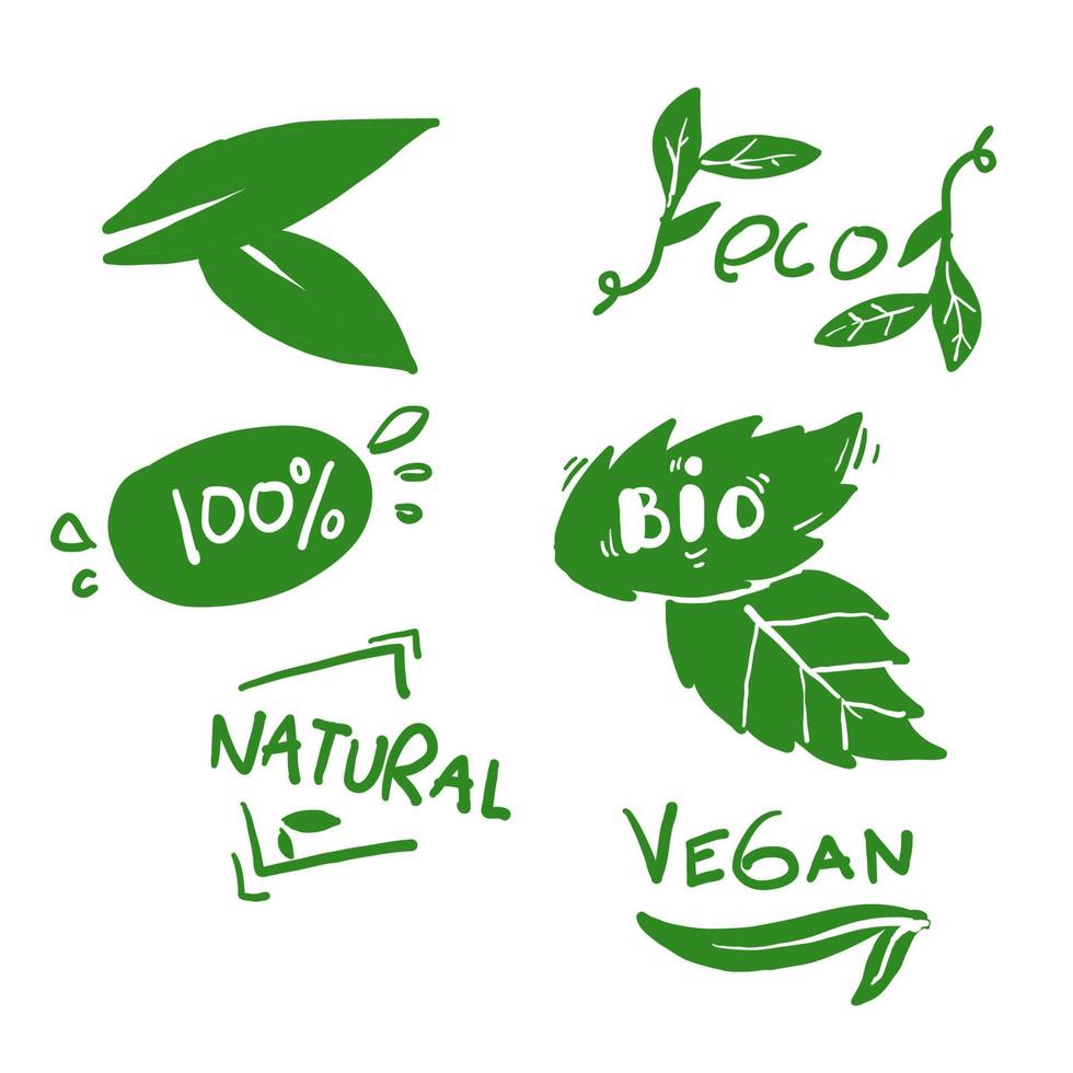 handgezeichnetes set vegan, öko, bio, organisch, frisch, gesund, 100 prozent, natürliche lebensmittel. natürliches Produkt. sammlung von emblem cafe, abzeichen, tags, packaging.doodle vektor