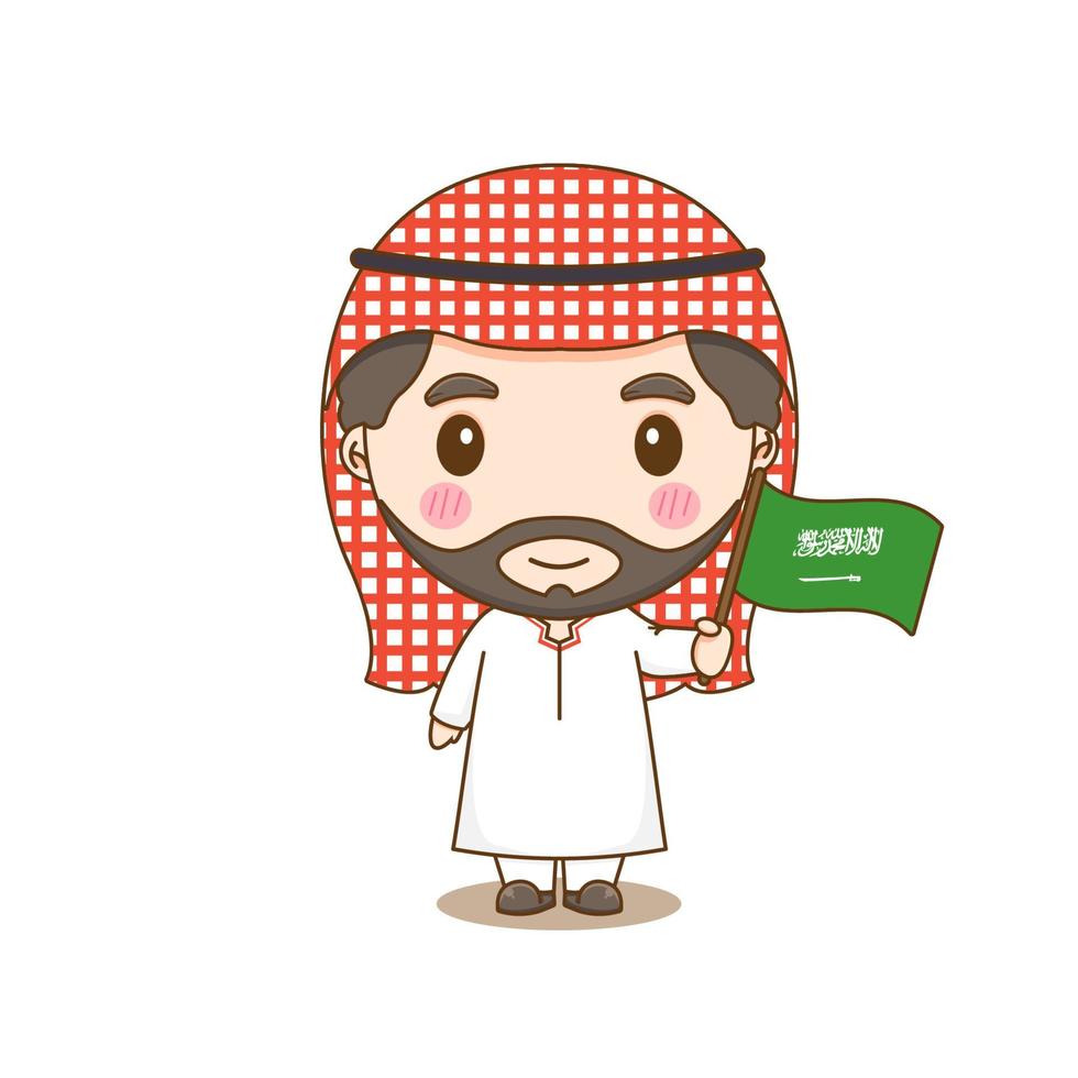 Saudi-Arabien in Nationaltracht mit Flagge. ein Junge in traditioneller Tracht. Chibi-Zeichentrickfigur vektor
