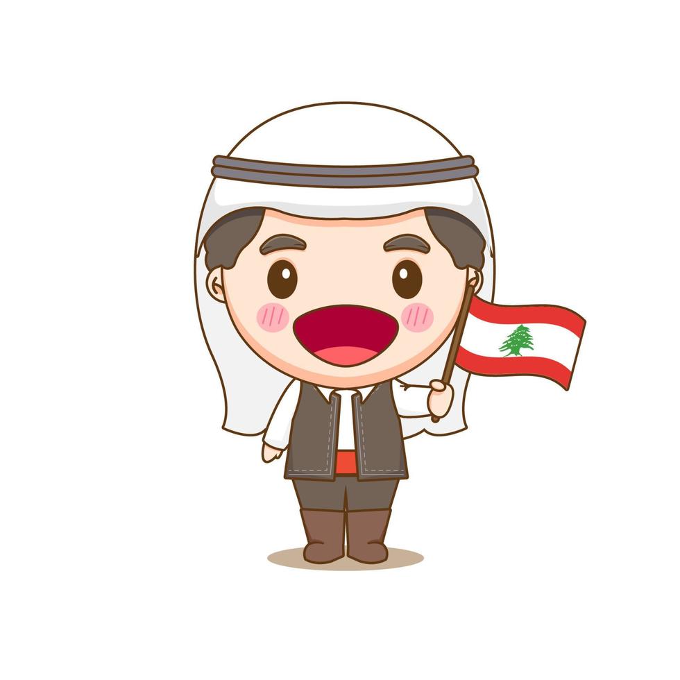 libaneser i nationaldräkt med en flagga. en pojke i traditionell dräkt. Chibi seriefigur vektor