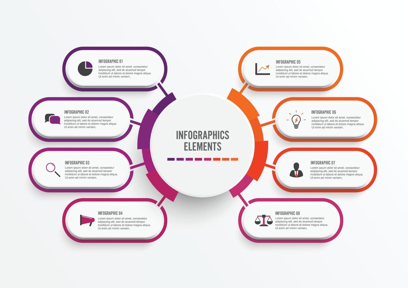 Vektor-Infografik-Vorlage mit 3D-Papieretikett, integrierte Kreise. Geschäftskonzept mit 8 Optionen. für Inhalt, Diagramm, Flussdiagramm, Schritte, Teile, Zeitleisten-Infografiken, Workflow, Diagramm. vektor