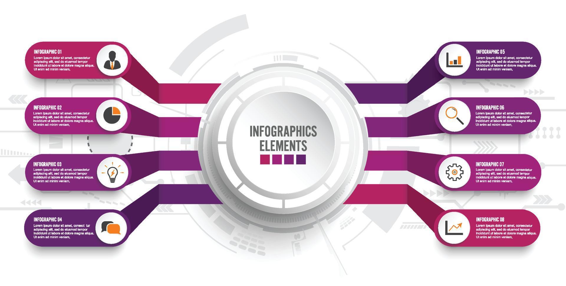 vektor infographic mall med 3d pappersetikett, integrerade cirklar. affärsidé med 8 alternativ. för innehåll, diagram, flödesschema, steg, delar, tidslinjeinfografik, arbetsflöde, diagram.