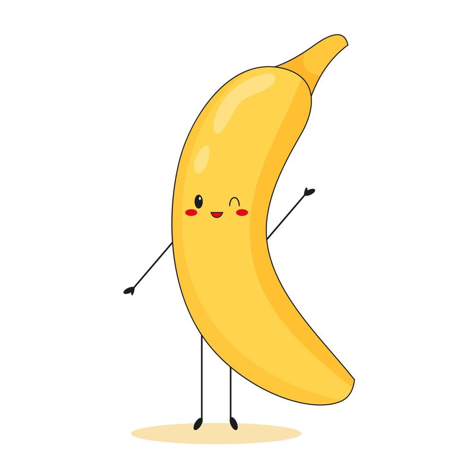 söt banan karaktär viftande hand på vit bakgrund. glad kawaii frukt. platt vektorillustration. vektor