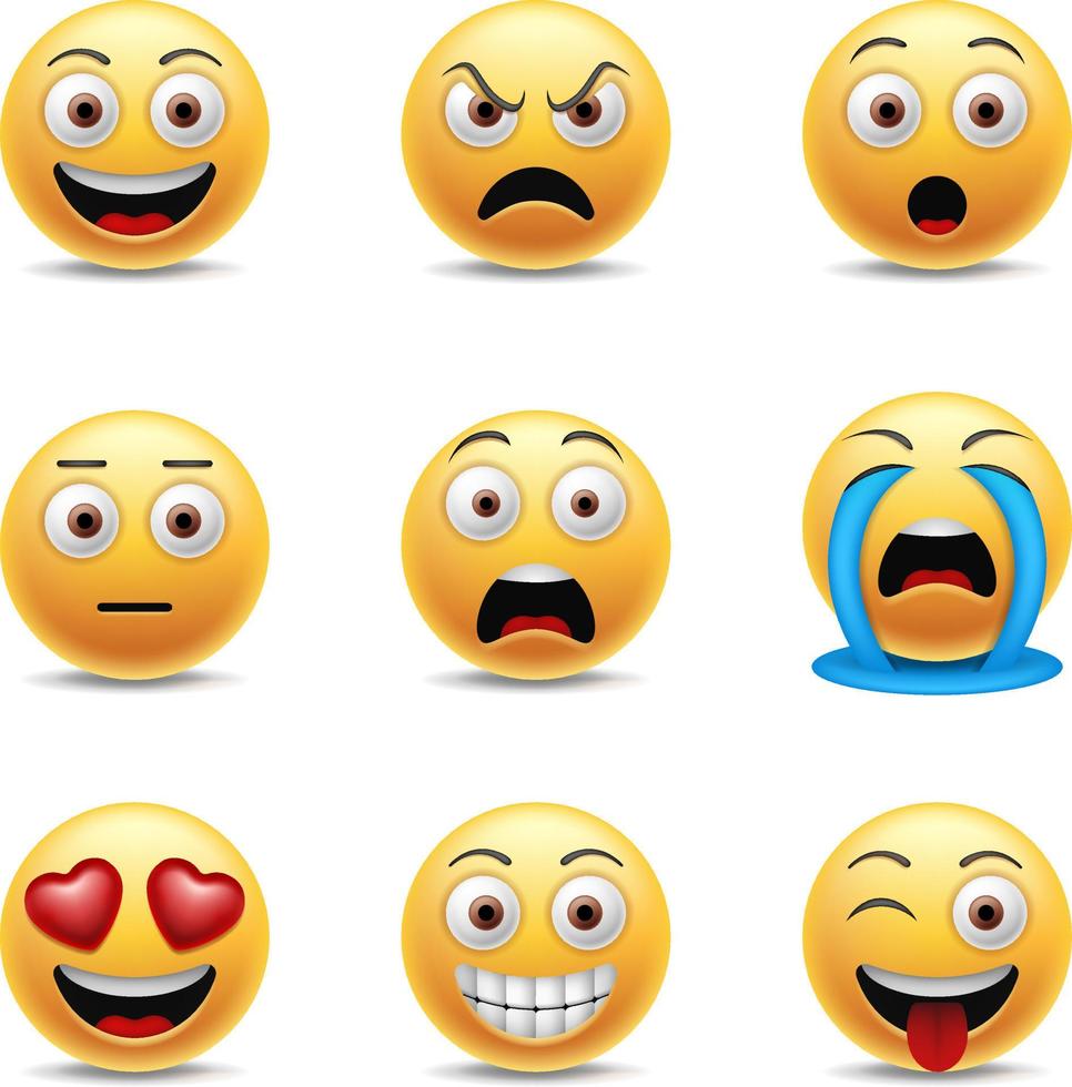 uppsättning roliga uttryckssymboler. samling av emoji. gula ansikten med olika uttryck. vektor