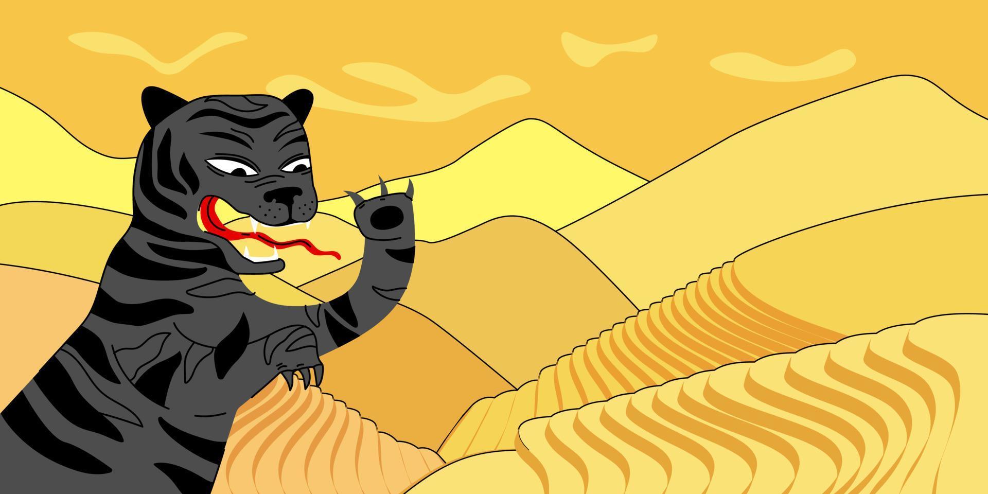 kinesiskt nyår av svart vatten tiger affisch. gratulationskort med kinesisk traditionell årlig astrologi symbol. handritad banderoll till östra kalendern 2022. asiatiska fält folk abstrakt vektorritning vektor