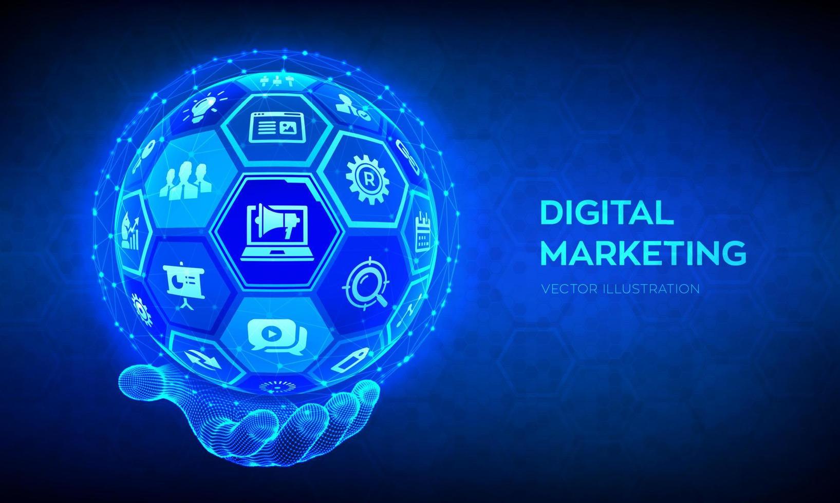 digital marknadsföring koncept. sökmotoroptimering. seo. smm. reklam. internet. uppkopplad. abstrakt 3d sfär eller jordglob med ytan av hexagoner i wireframe hand. vektor illustration.