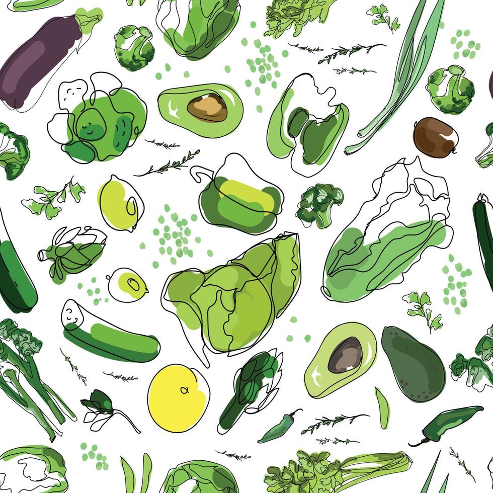 farm eco färska gröna grönsaker seamless mönster på vit bakgrund, skuren i linje konst stil, vektorillustration vektor
