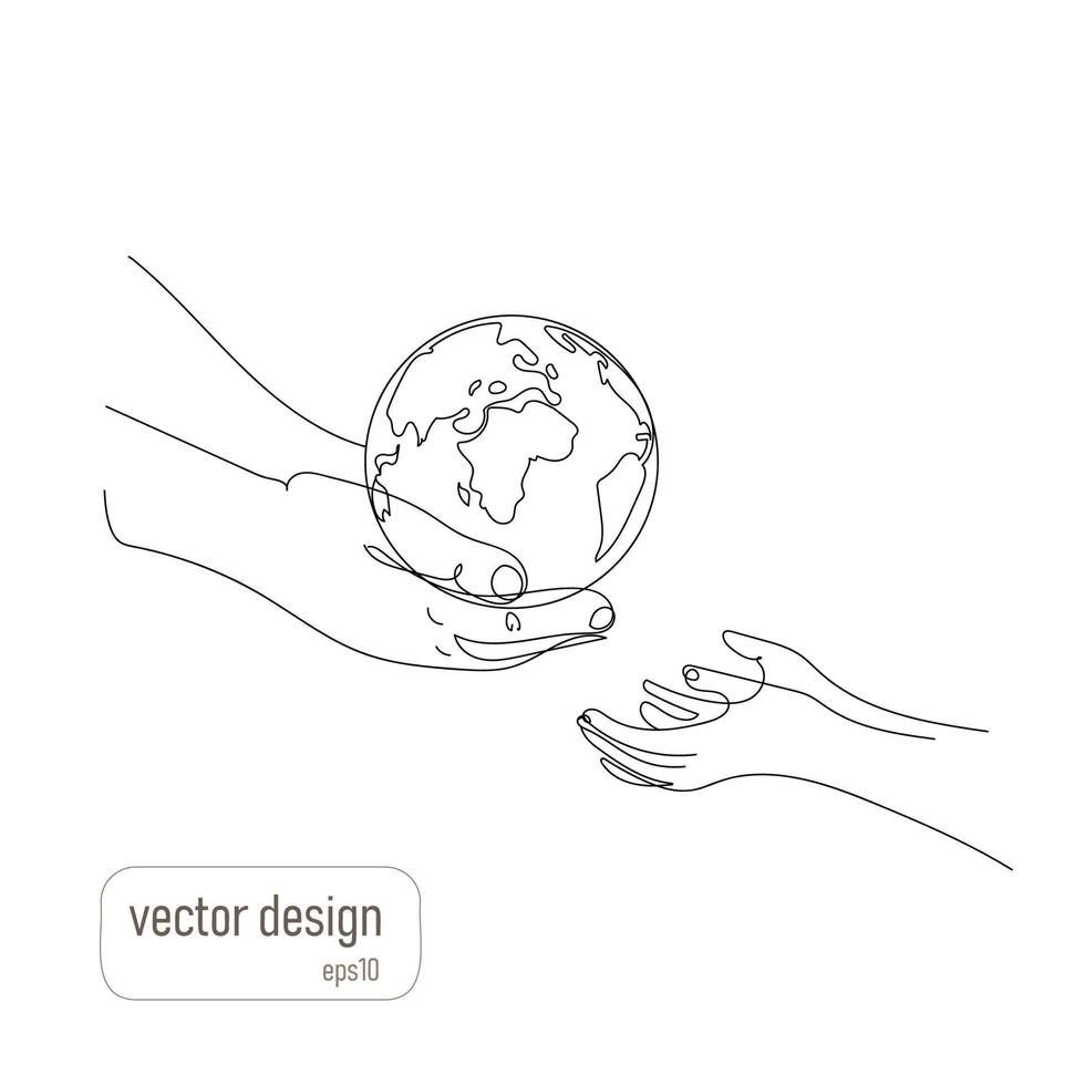 planet erde sparkonzept. erwachsene hände verschenken kleinen planeten erde in kinderhänden, in linienstil. vektorillustration isoliert auf weißem hintergrund. tag der erde vektor