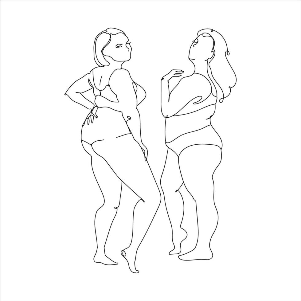 älska din kropp - kropp positivt. glada plus size kvinnor i underkläder. ritade i kontur modern stil isolerad på vit background.vector illustration vektor