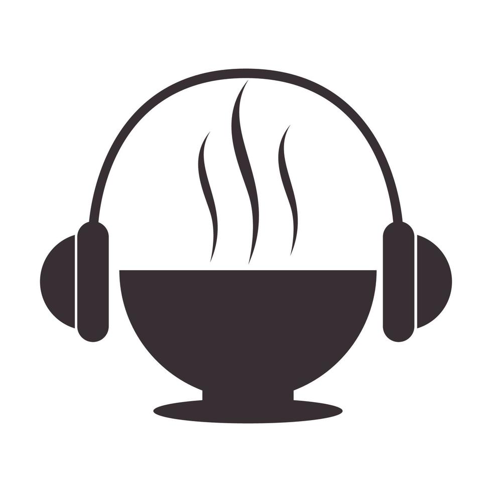 varm mat soppskål med hörlurar vintage logotyp vektor ikon illustration design