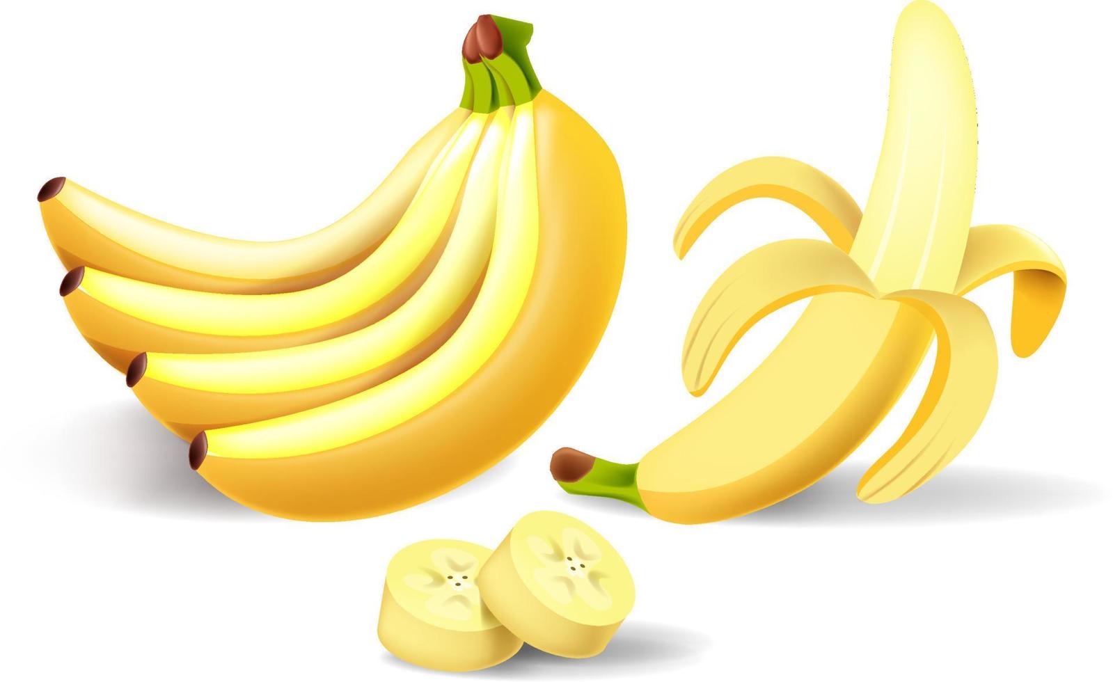 Cartoon-Bananen. Banane schälen, gelbe Frucht und Bananenstaude. tropische Früchte, Bananensnack oder vegetarische Ernährung. isolierte vektorillustrationsikonen eingestellt vektor