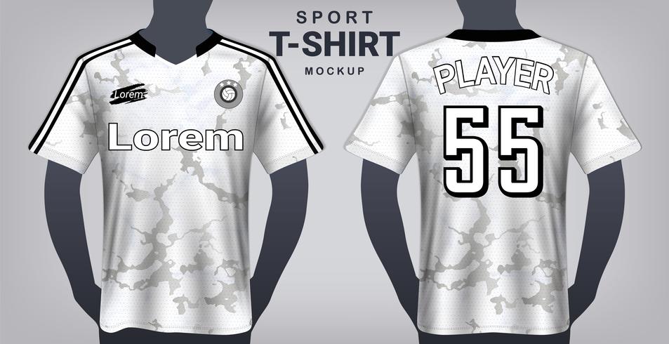 Fotbollströja och Sport T-Shirt Mockup Mall, Realistisk Grafisk Design Fram och Bakifrån för Uniforms Fotbollssats. vektor