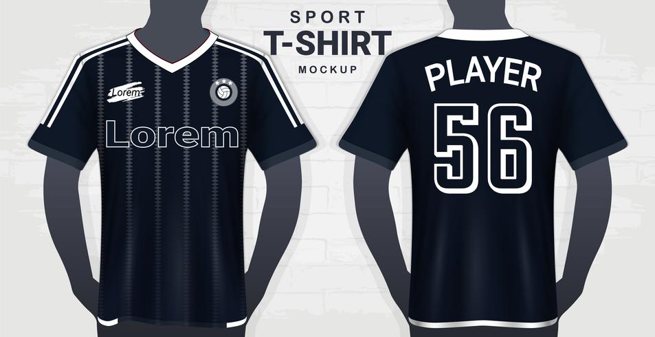 Fotbollströja och Sport T-Shirt Mockup Mall, Realistisk Grafisk Design Fram och Bakifrån för Uniforms Fotbollssats. vektor