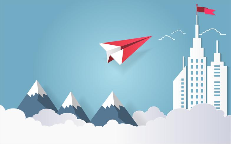Führungskonzept, rotes Flugzeugfliegen auf Himmel mit Wolke über Berg und Architekturgebäude mit einer Flagge auf die Oberseite. vektor