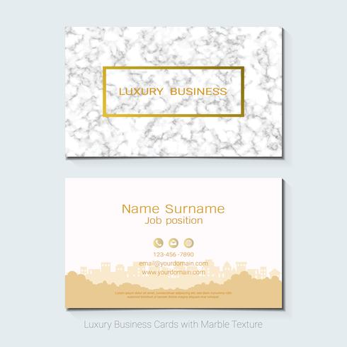 Luxusvisitenkarten vector Schablone, Fahne und Abdeckung mit Marmorbeschaffenheit und goldenen Foliendetails über weißen Hintergrund.