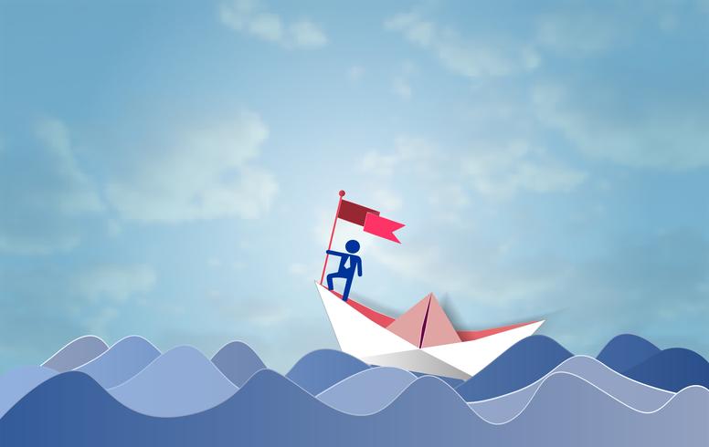 Führungs- und Erfolgskonzept, Geschäftsmann auf die Oberseite, die Flagge mit dem Segelboot sich bewegt in ein Meer hält. vektor