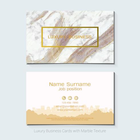 Lyx visitkort vektor mall, Banner och lock med marmor textur och gyllene folie detaljer på vit bakgrund.