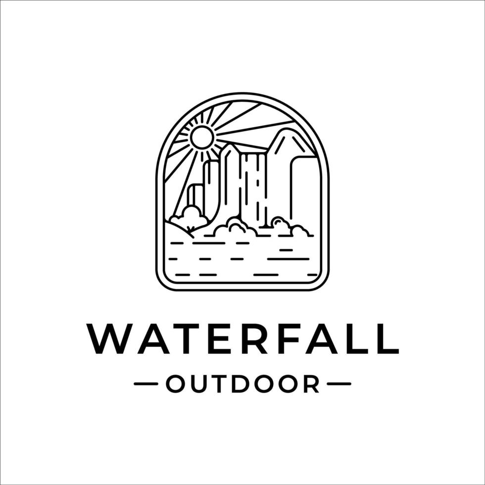 Wasserfall im Freien Logo Linie Kunst Vektor Illustration Vorlage Symbol Grafikdesign. einfacher minimalistischer natur- und abenteuerlogo mit abzeichenemblem