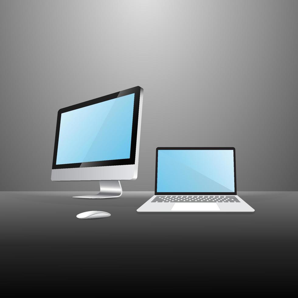 realistischer computer und laptop mit blauem bildschirm vektor