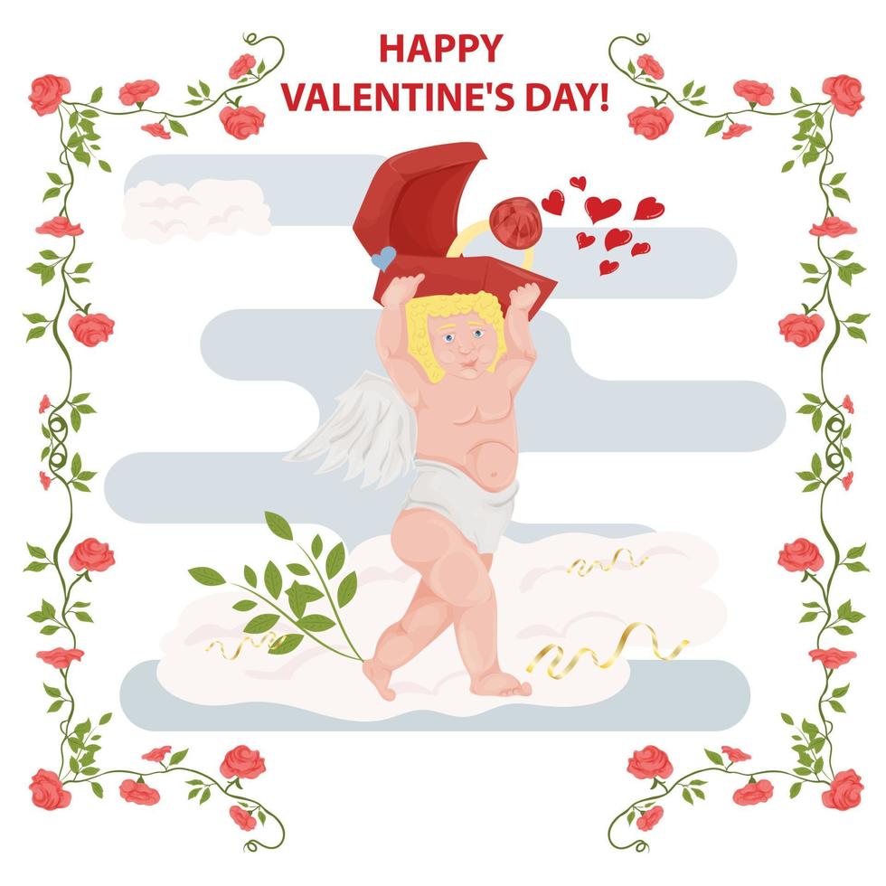 illustration in einem flachen stil für den valentinstagurlaub in einem rahmen aus blumen amor mit flügeln trägt eine schachtel mit eheringen vektor