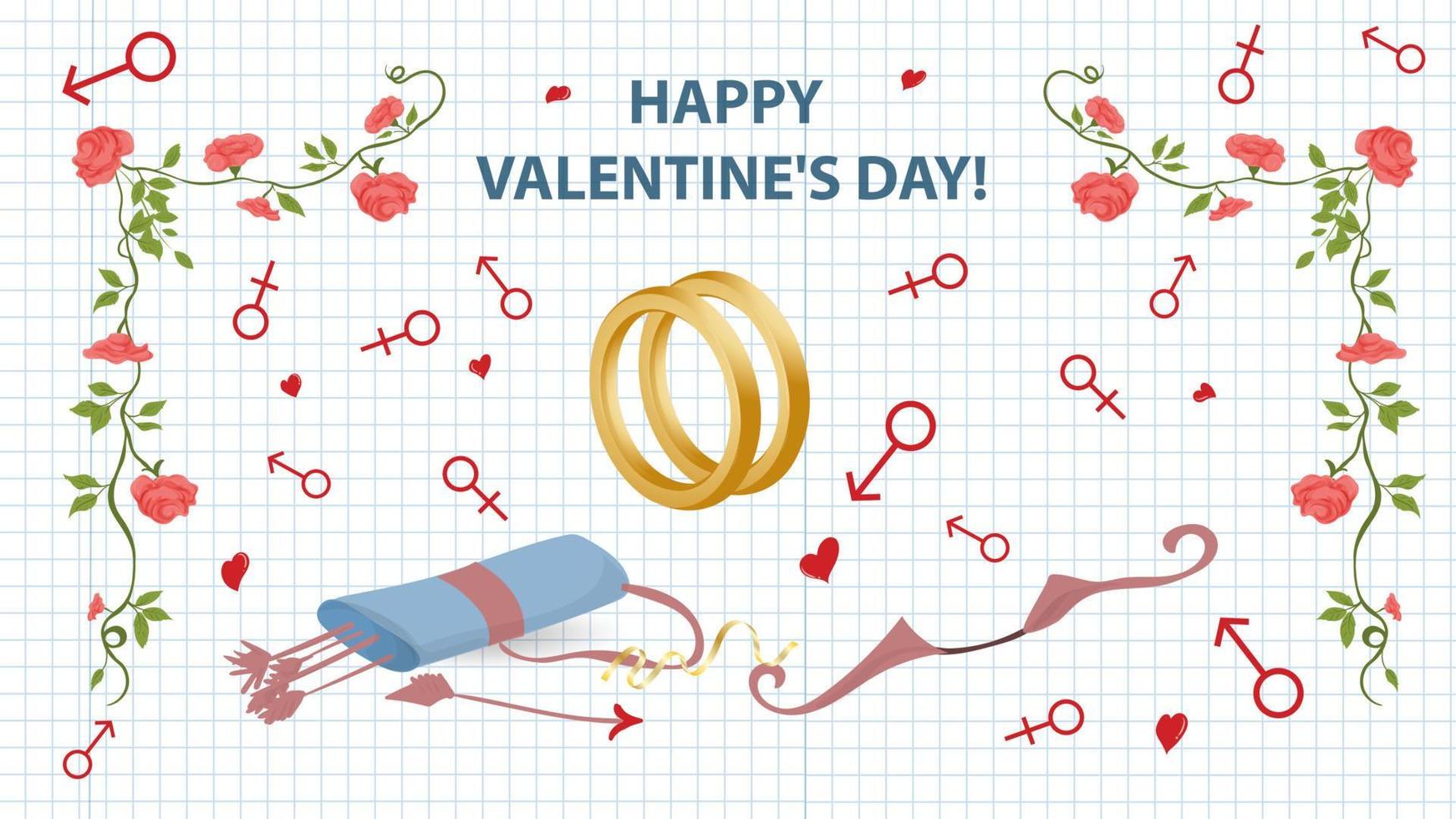 Illustration in einem flachen Stil für den Valentinstag Urlaub Blumenrahmen Trauringe und Amor Bogen und Pfeil Hintergrund Notizbuchblatt in einem Käfig vektor