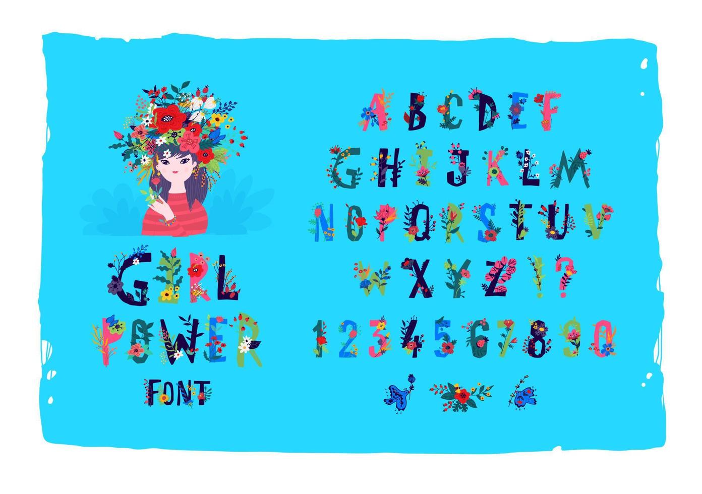 englisches alphabet mit blumen und pflanzen. Vektor. Schriftart Mädchenpower. Mädchen in einem Kranz, das Bild von Sommer und Frühling. Dekorationsartikel für den Laden, Kosmetik und Damenprodukte. 8. März. vektor