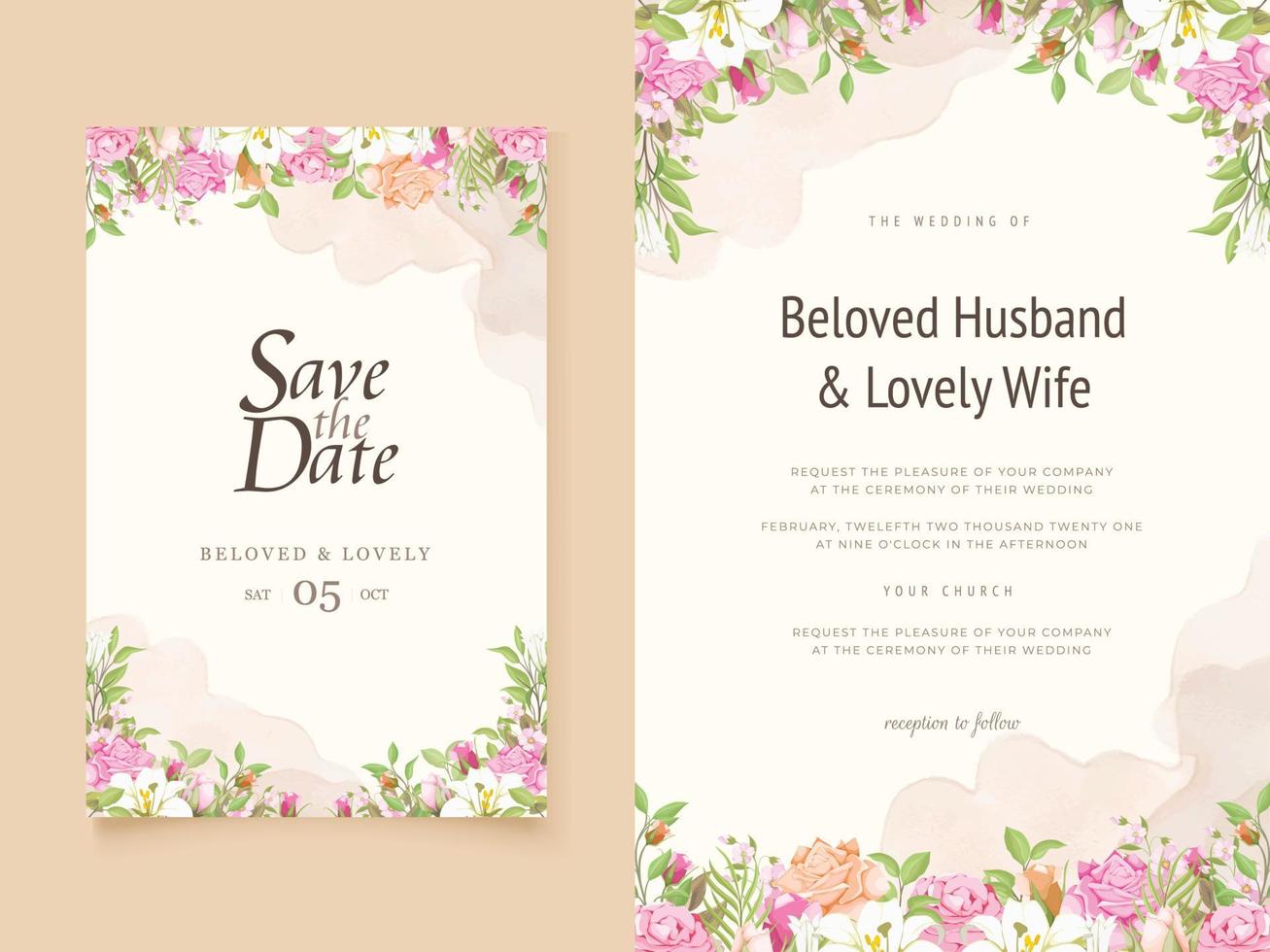bröllop inbjudningskort blommig med liljor och rosor design vektor