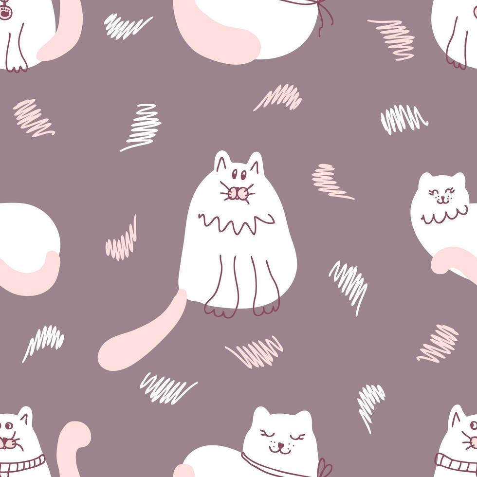 delikat doodle seamless mönster med feta vita katter. vektor