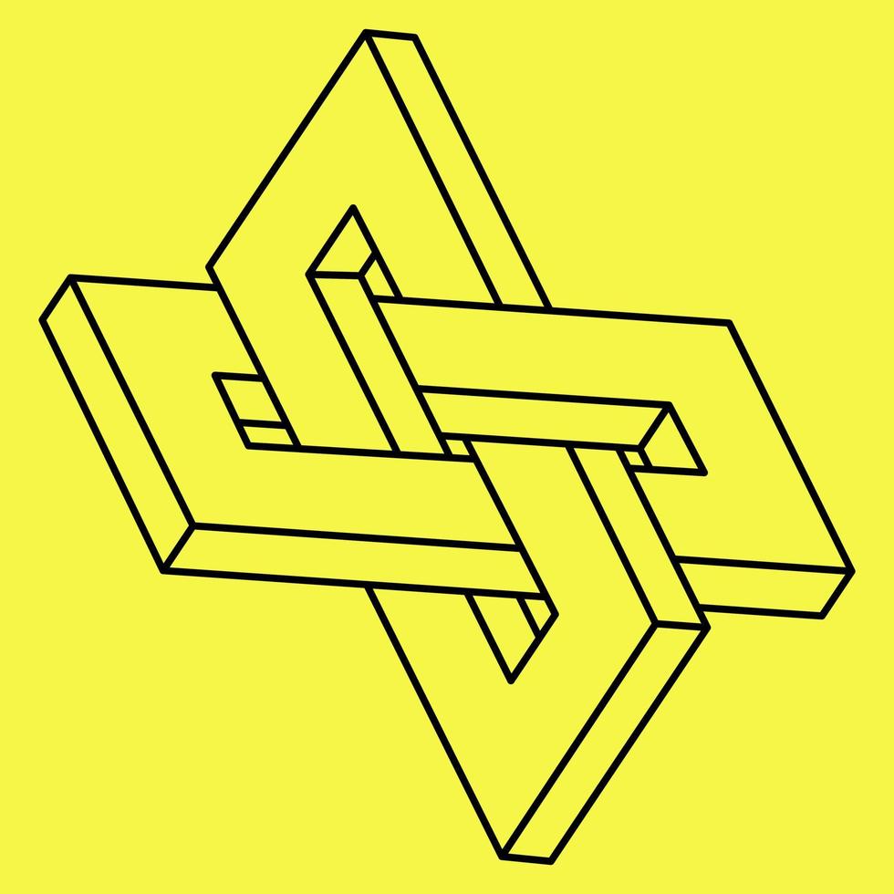 omöjliga former. helig geometri. optisk illusion. abstrakt evigt geometriskt objekt. omöjlig ändlös kontur. linjekonst. op art. omöjlig geometri form på en gul bakgrund. vektor