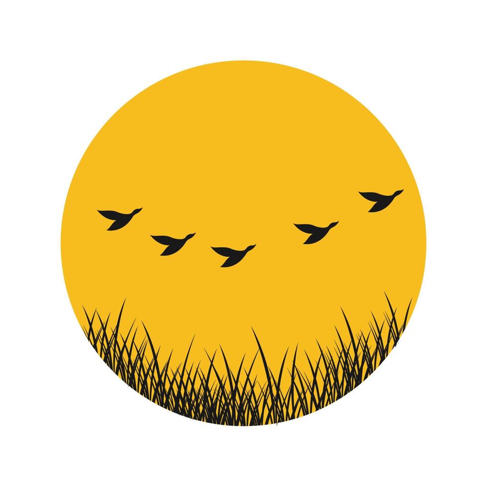 gras mit sonnenuntergang und vogelgruppe fliege logo symbol symbol vektorgrafik design illustration idee kreativ vektor