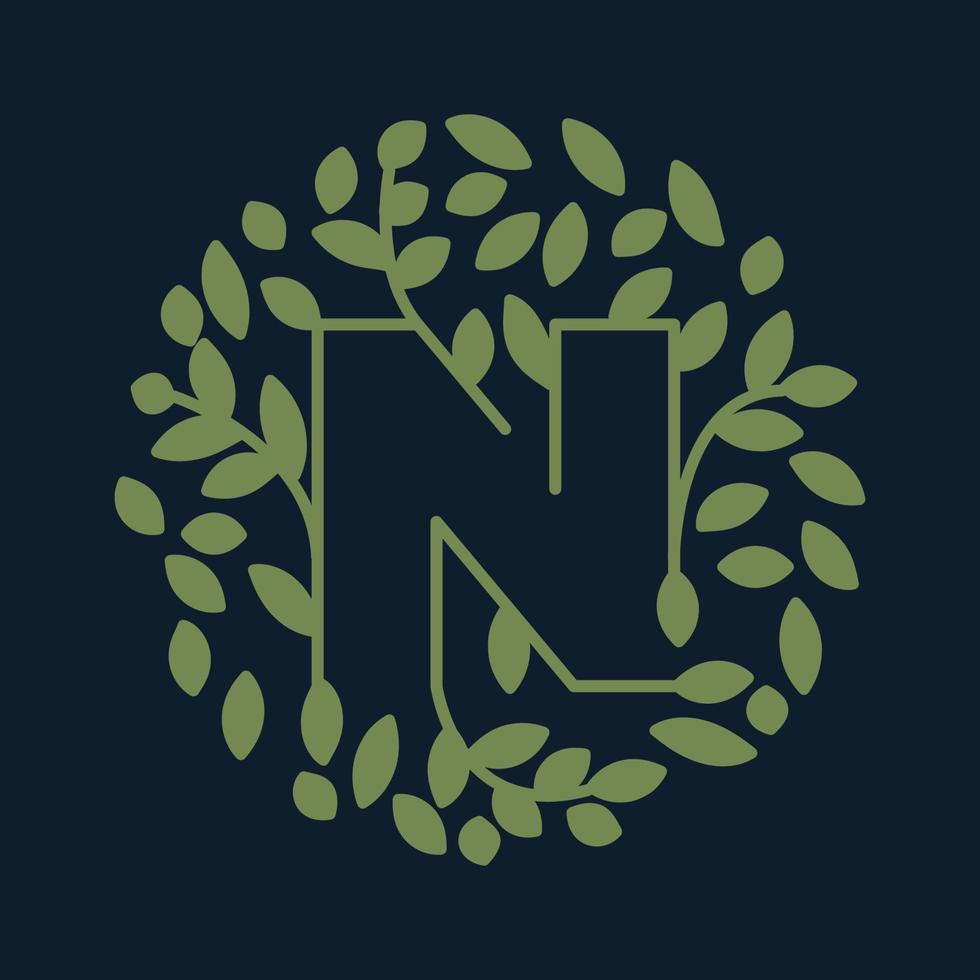 Buchstabe n mit blattgrünem Garten Natur Ornament Logo Vektor Icon Design
