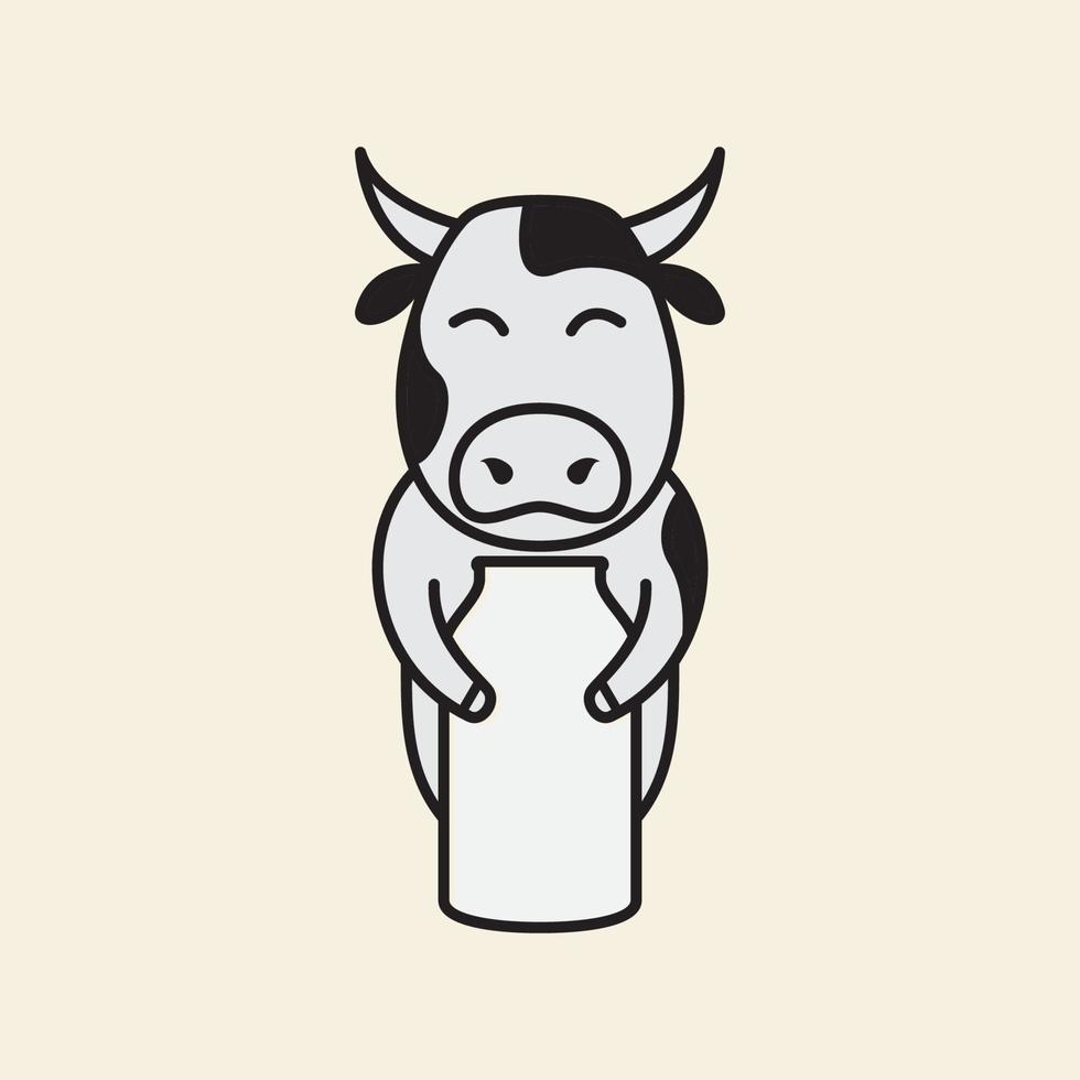 mjölkkor tecknade linjer med mjölkflaska logotyp design vektor ikon symbol illustration