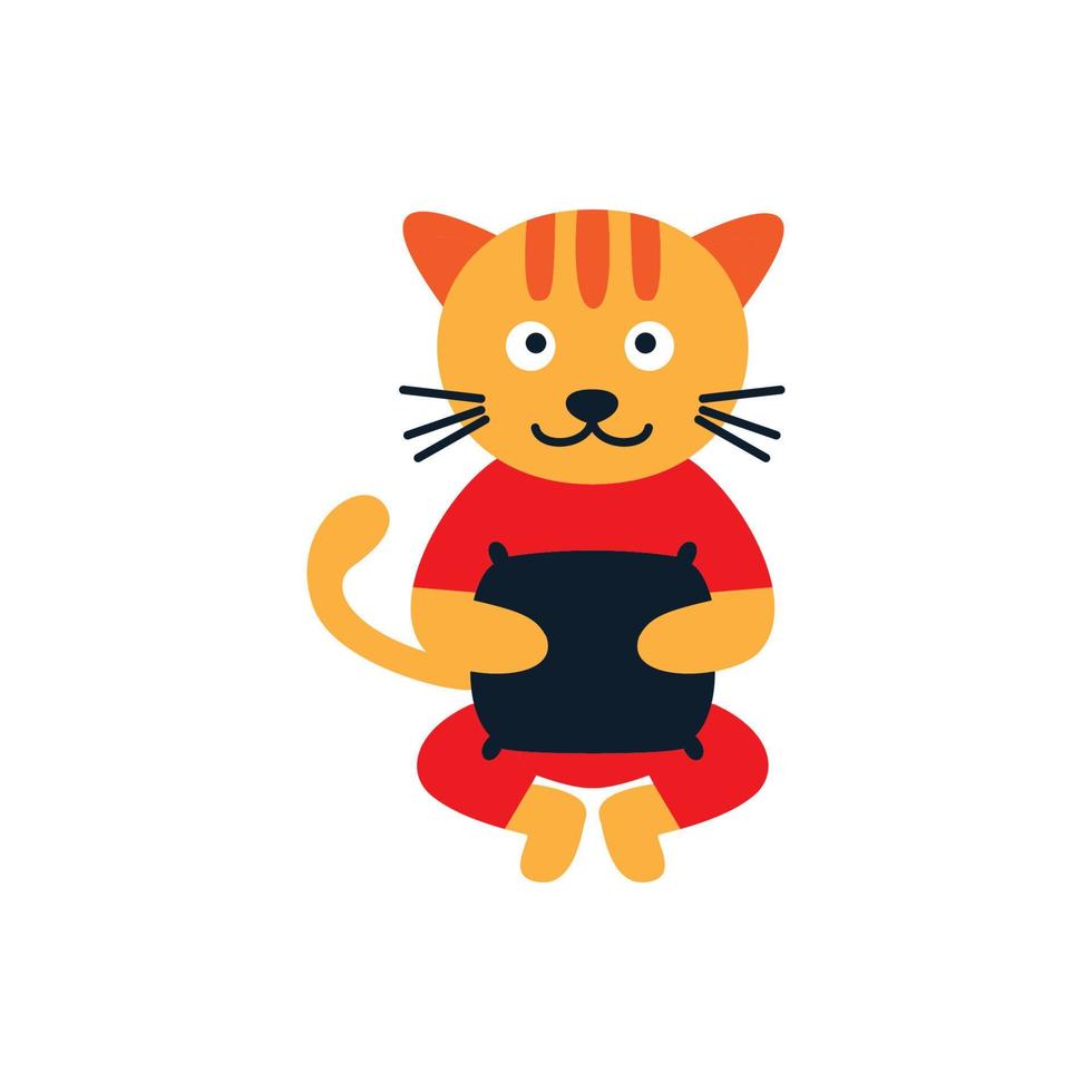 illustration söt tecknad katt med kudde platt logotyp ikon vektor