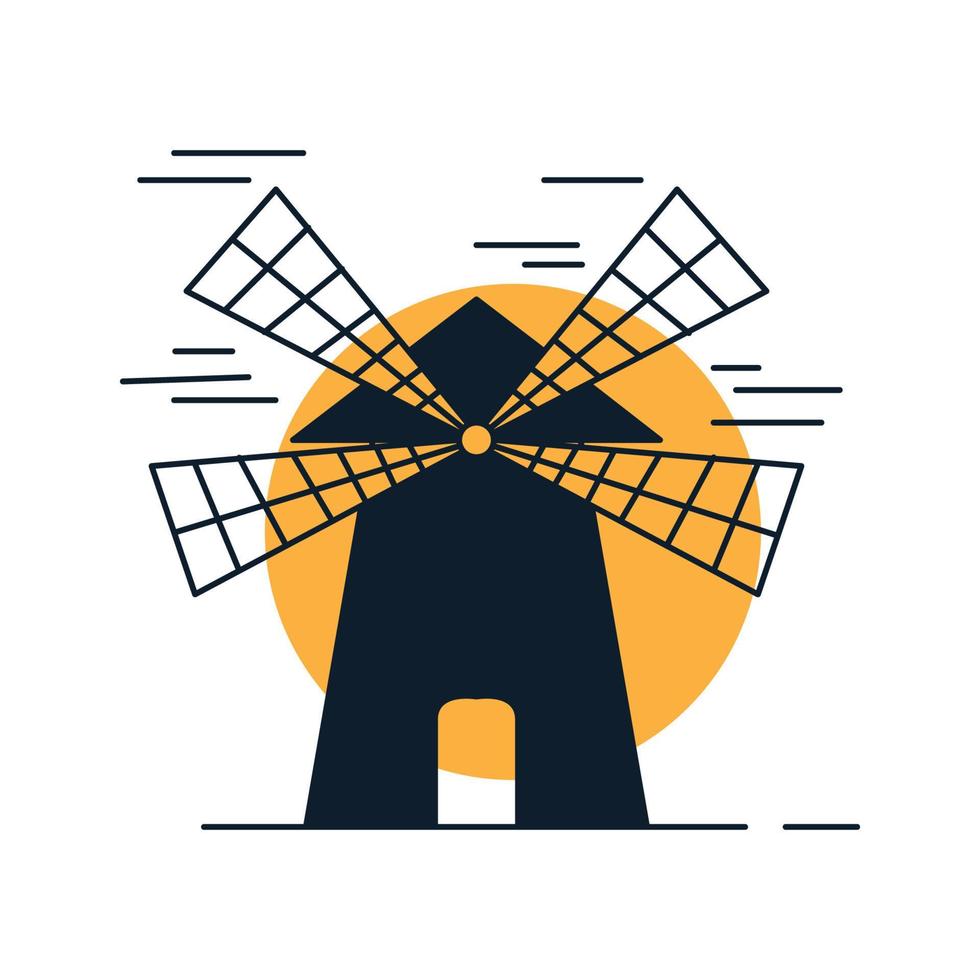väderkvarn siluett med solnedgång logotyp vektor ikon design