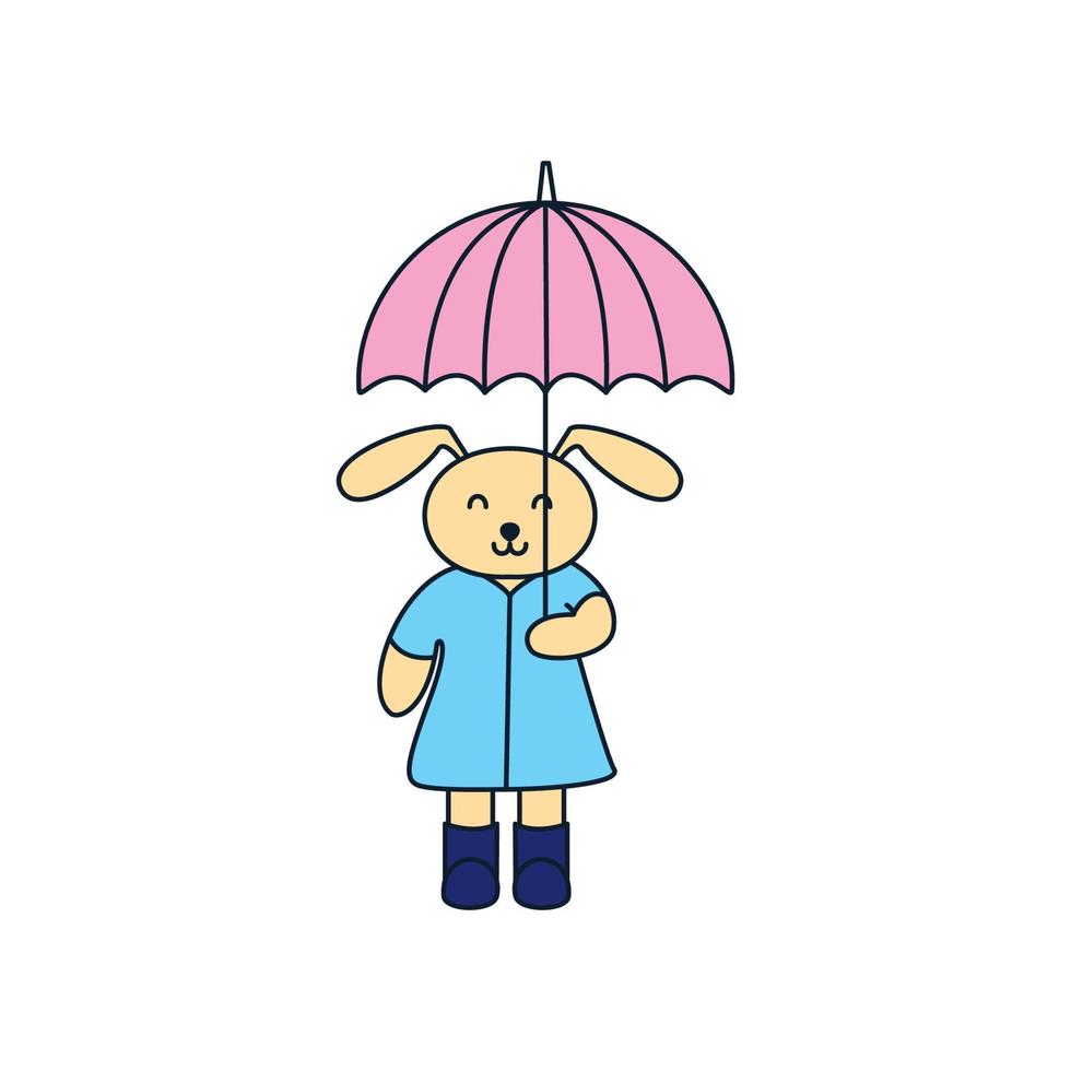 Kaninchen oder Hase mit niedlichem Cartoon-Logo-Vektor-Illustrationsdesign des Regenschirms vektor