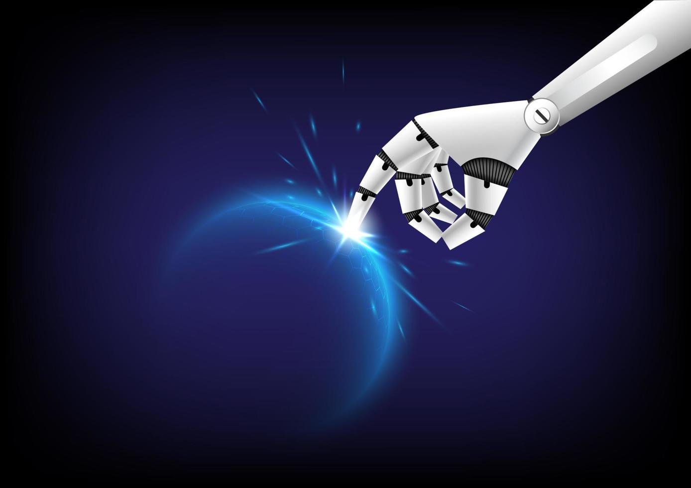 artificiell intelligens of scurity integritet säker. robot finger touch på glödande sfär av hexagon. hög skyddsdator. teknikingenjör för antivirus och brottsdata vektor