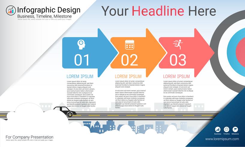 Bericht über Geschäftsinfografiken, Meilenstein-Zeitachse oder Roadmap mit Optionen in Ablaufdiagramm 3. vektor