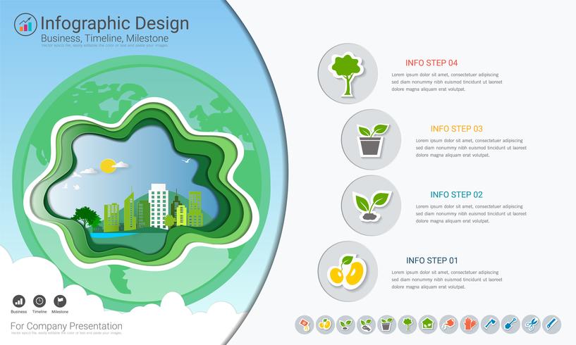 Pflanzen wachsen Timeline Infografiken mit Icons Set, Speichern Sie die Welt und gehen Sie grünes Konzept oder Green Business Diagrammvorlage. vektor