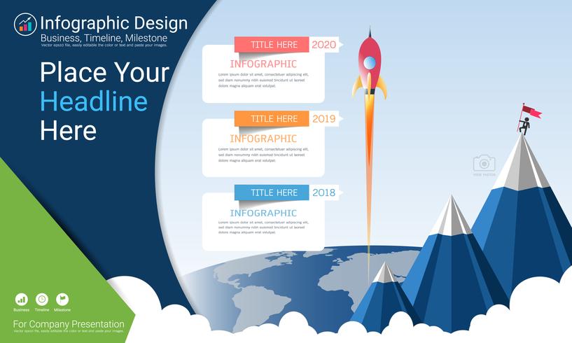 Business infographics rapport, Milestone tidslinje eller vägkarta med Process flowchart 3 alternativ. vektor